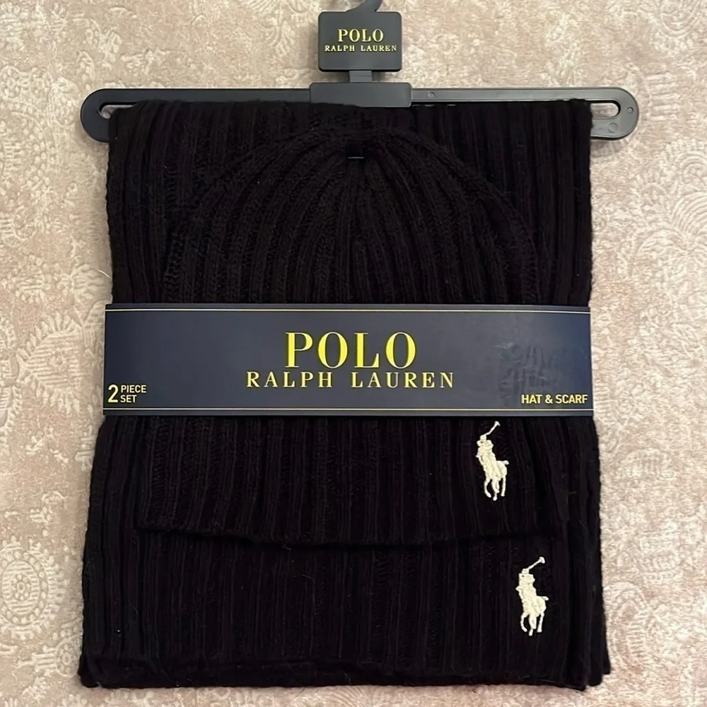 Brand New Polo by Ralph Lauren Black & White 35% Lambswool Hat & Scarf Set